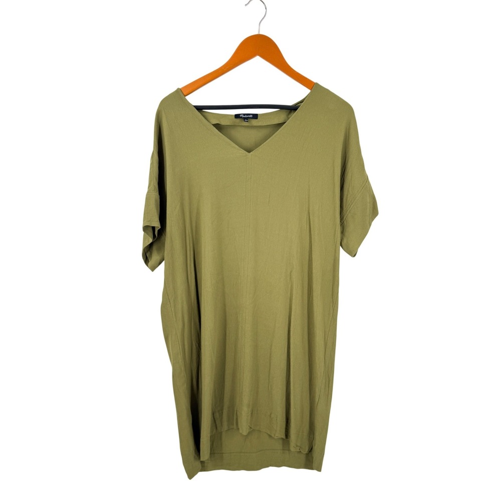 Madewell V-Neck Tunic Top Green Large Boho Minimalist Casual Crepe Drapey Modern